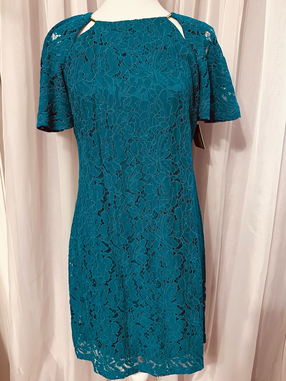 Melonie T Teal Lace Flutter Sleeve Shoulder Cut out Detail Dress Size 6